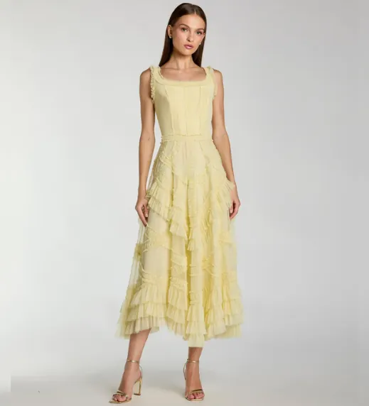 Scoop Neck Sleeveless Micro Ruffle Midi Dress